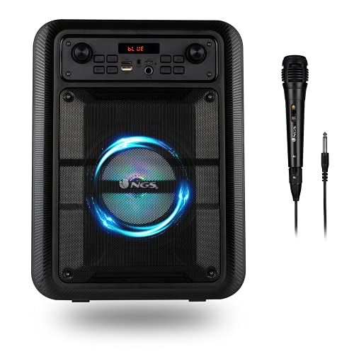 NGS ROLLER LINGO BLACK - Tragbarer 20-W-Lautsprecher Bluetooth 5.0-Technologie und True Wireless Stereo, Mikrofon für Karaoke und eingebauten LED-Leuchten (USB/MicroSD/LineIN/Mikrofoneingang), Schwarz von NGS