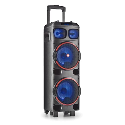 NGS WILD Dub 1-300W Bluetooth und tragbarer Lautsprecher kompatibel mit der True Wireless Stereo Technologie, Dual Tieftöner 8" + Dual Hochtöner 3" (Micro SD/USB/AUX IN/), Rollen, Farbe schwarz von NGS