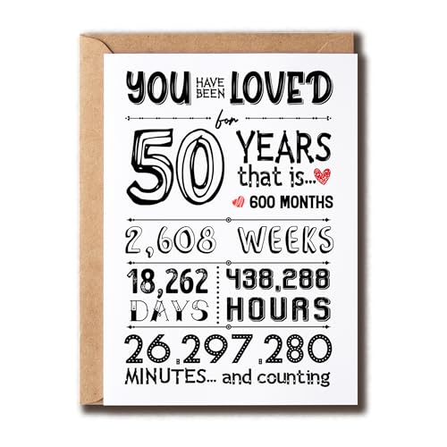 NHBDesigns Glückwunschkarte zum 50. Geburtstag mit englischer Aufschrift "You Have Been Loved For 50 Year", super süße Karte zum 50. Hochzeitstag, Datum, Monat, Jahr von NHBDesigns