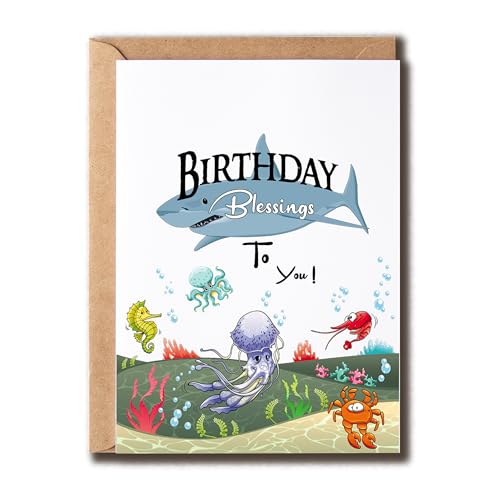 NHBDesigns Hai-Geburtstagskarte – Geburtstagskarte mit Aufschrift "Birthday Blessings To You", Ozean-Geburtstagskarte, Glückwunschkarte – Geschenk für Kinder von NHBDesigns
