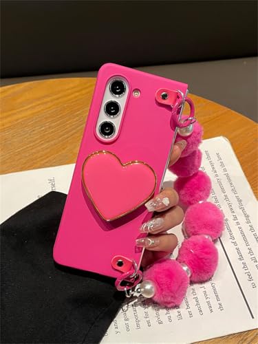 NHDCJF Love Heart Bracket Case mit Hairball Ball Pearl Chain für Galaxy Z Fold 5 Z Fold4 Fold3 Z fold 56 Tragbare Abdeckung,A,Für Z Fold 6 von NHDCJF