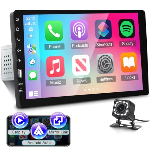 1 Din Autoradio mit Apple Carplay/Android Auto - Single Din 9 Zoll Touch Display Media MP5 Player mit Bluetooth USB FM SWC EQ Receiver Mikrofon + Cámara de visión trasera von NHOPEEW