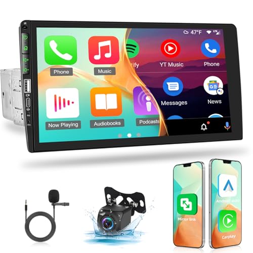 1 Din Autoradio mit Carplay und Android Auto - 9 Zoll HD Touchscreen Bildschirm MP5 Player Unterstützung IOS/Android Mirror Link FM Bluetooth Streer Wheel Control AUX + Rückfahrkamera & LED Mic von NHOPEEW