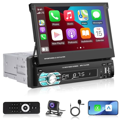 1din Autoradio mit Bildschirm, Wireless Apple Carplay und Android Auto - 7 Zoll 1 Din Ausklapp Radio Bluetooth Mirror Link USB Typ C + AHD Rückfahrkamera und Fernbedienung von NHOPEEW