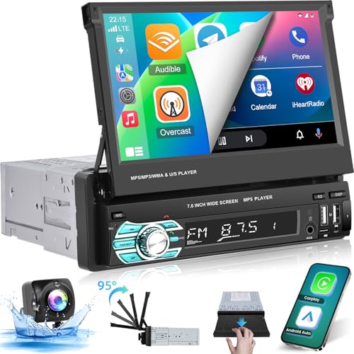 1din Autoradio mit Bildschirm, Wireless Carplay und Android Auto - 7 Zoll 1 Din Ausklapp Radio Bluetooth Mirror Link USB Typ C + AHD Rückfahrkamera und Fernbedienung von NHOPEEW