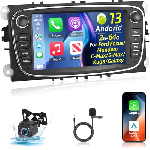 2+64G Android Autoradio für Ford Focus/Mondeo/C-Max/S-Max/Kuga/Galaxy - Kabelloses Carplay & Android Auto, GPS/WLAN/HiFi/SWC + Rückfahrkamera und Mikrofon von NHOPEEW