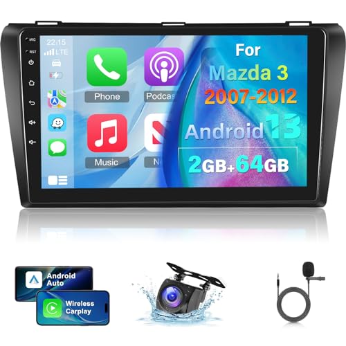 2+64G Android Autoradio für Mazda 3 2003-2009 mit Drahtlos Carplay und Android Auto - 9 Zoll Touchscreen Radio mit WiFi GPS EQ 28 Desktop Themes + AHD Rückfahrkamera&Mic von NHOPEEW