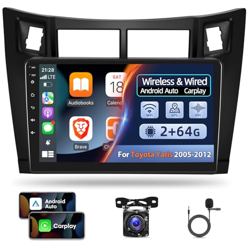 2+64G Android Autoradio für Toyota Yaris 2005-2012, kabelloses Apple Carplay und Android Auto 9 Zoll Touchscreen Stereo, WiFi, GPS, HiFi, SWC, Mirror Link und AHD Rückfahrkamera von NHOPEEW