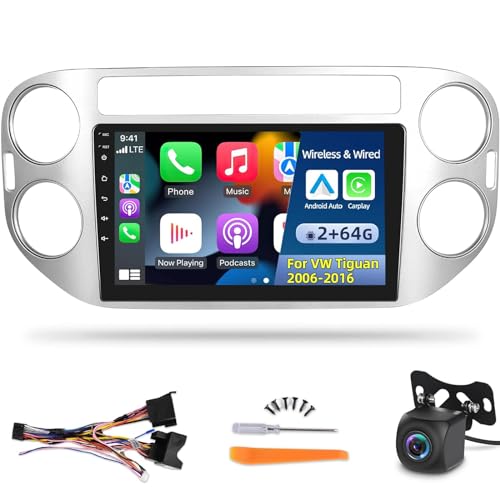 2+64G Android Autoradio für VW Tiguan 2006-2016, Wireless Apple Carplay und Android Auto, 9 Zoll 2,5D Touchscreen Radio, GPS WiFi HiFi FM Bluetooth Lenkradsteuerung + AHD Rückfahrkamera und Mikrofon von NHOPEEW