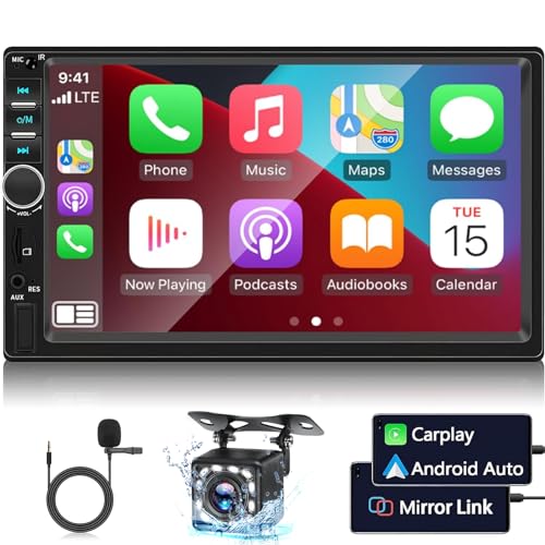 2 Din Autoradio mit Apple Carplay und Android Auto - 7-Zoll-HD-Touchscreen-Autoradio mit Bluetooth & Mirror Link - EQ/FM/SWC/AUX/USB + Rückfahrkamera von NHOPEEW