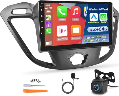[2G+64G] Android Autoradio für Ford Transit Custom/Tourneo 2013-2021, 9 Zoll Touchscreen Radio, Apple Carplay/Android Auto/Hi-Fi/Bluetooth/WiFi + AHD Rückfahrkamera + Mikrofon von NHOPEEW