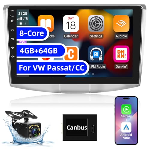 Android Autoradio für Volkswagen VW Passat/VW CC 2010-2014 - 4 + 64G 9 Zoll Touchscreen Radio - Apple Carplay und Android Auto DSP Wi-Fi SWC + Rückfahrkamera & Mikrofon von NHOPEEW