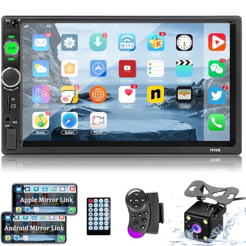 Doppel Din Radio mit Bluetooth 7 Zoll Autoradio mit Bildschirm - Link spiegeln/AUX/USB/FM/TF Karte/SWC + Rückfahrkamera von NHOPEEW