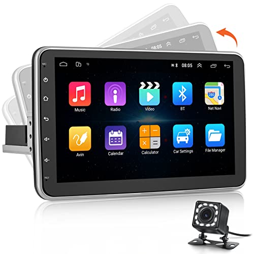 NHOPEEW 1 Din Android Autoradio, 10 Zoll Touchscreen drehbares Autoradio Bluetooth GPS Navi WiFi SWC Mirror Link + Rückfahrkamera und Mikrofon von NHOPEEW