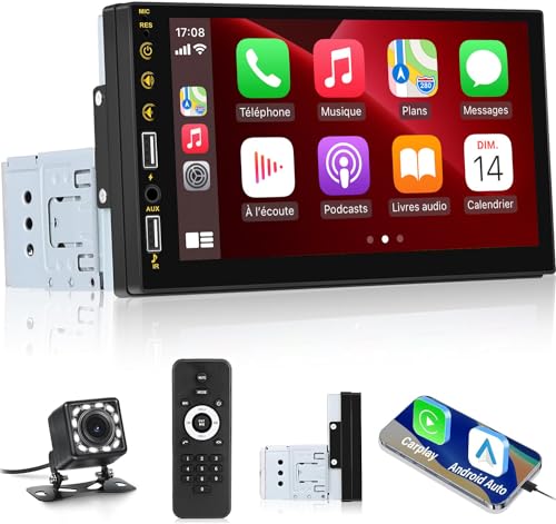 NHOPEEW 1 Din Autoradio mit Carplay und Android Auto - 7 Zoll HD Touchscreen Radio - Mirror Link Streer Wheel Control Bluetooth 7 Bunte Hintergrundbeleuchtung FM + Rückfahrkamera & Mic von NHOPEEW