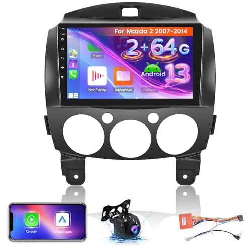 NHOPEEW 2+64G Autoradio für Mazda 2 2007-2014 - Kabelloses Carplay & Android Auto - 9 Zoll Android 13 Stereo mit WiFi/EQ/GPS/Mirror Link / 28 UI/FM RDS + AHD Rückfahrkamera & Mikrofon von NHOPEEW