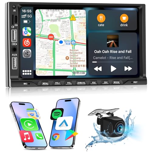 NHOPEEW 2 Din Autoradio mit drahtlosem Carplay und Android Auto - 7 Zoll 2 Din Raio Unterstützung EQ FM Lenkradsteuerung 16 Benutzerschnittstellen AUX SD Doppel USB Inports + Rückfahrkamera von NHOPEEW
