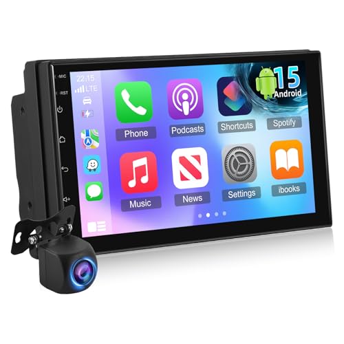 NHOPEEW 4+64G 2-DIN-Autoradio mit Android 15-System - 7 Zoll kabelloses CarPlay und Android Auto Radio mit WiFi, GPS-Navigation, Mirror Link, Lenkradsteuerung + Rückfahrkamera von NHOPEEW