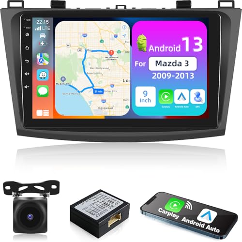 NHOPEEW Autoradio für Mazda 3 2009-2013 mit kabellosem Carplay & Android Auto - Android 13 Autoradio mit WiFi GPS Lenkradsteuerung EQ Split Screen + Rückfahrkamera & Mikrofonv von NHOPEEW