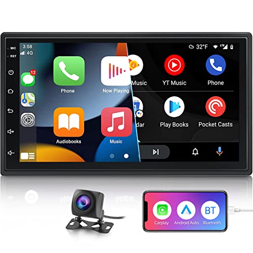 NHOPEEW Doppel-DIN-Autoradio mit Apple Carplay und Android Auto 7 Zoll 2,5D kapazitiver Touchscreen Autoradio mit Rückfahrkamera und Bluetooth Unterstützung Mirror Link von NHOPEEW