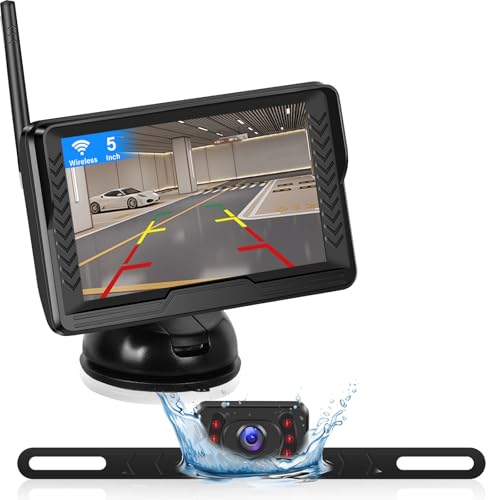 NHOPEEW Rückfahrkamera Kabellos Funk Set - 5 Zoll Touchscreen Automonitor mit kabelloser IP69 wasserdichter Nachtsicht Weitwinkel Rückfahrkamera - rückfahrkamera Monitor PKW SUV LKW 12V von NHOPEEW