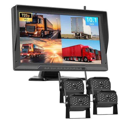 NHOPEEW Rückfahrkamera Kit mit 4 drahtlosen Rückfahrkameras - 10,1-Zoll IPS-Bildschirm - 720P Kameras unterstützen IP68 wasserdichte Nachtsicht Kompatibel mit den meisten Fahrzeugen von NHOPEEW