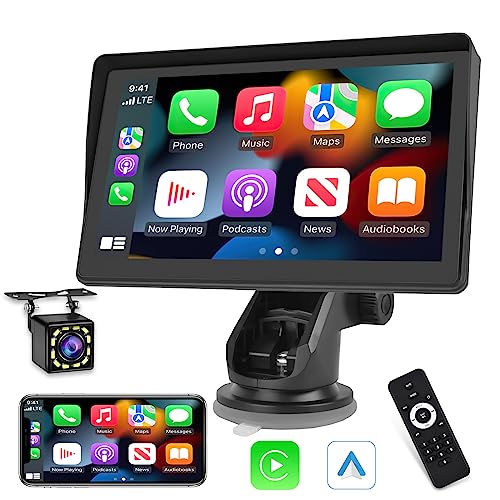Portable Kabelloses Apple Carplay Dash Mount, 7 Zoll Protable Android Auto Autoradio, Auto GPS Navigations System mit Mirror Link/Bluetooth/FM Transmitter/USB + 12 LED Rückfahrkamera von NHOPEEW