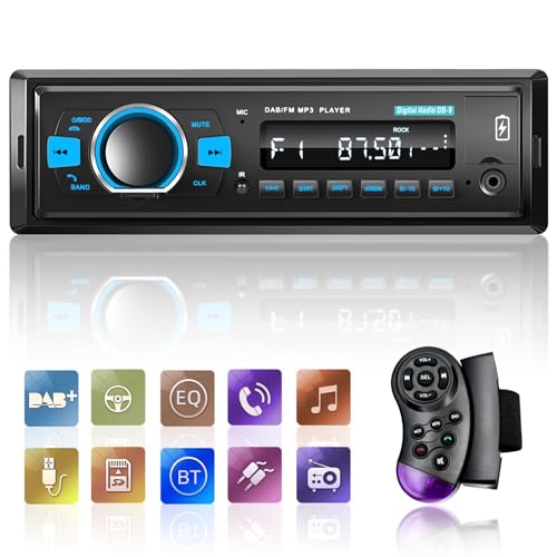 Radios DAB Autoradio 1 Din mit Bluetooth 5.0 / EQ Audio/Bluetooth Anruf/FM Radio/USB Ladefunktion/Tastenbeleuchtung/TF SD Kartenanschluss/AUX Eingang + telecomando SWC von NHOPEEW