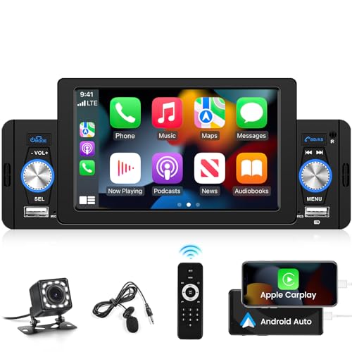 Stereo 1 Din Con Schermo Unterstützung Kabelgebundenes Carplay und Android Auto, 5 Zoll Bluetooth 5.1 Touchscreen Stereoanlage mit FM/AUX Eingang/USB/SWC/Mirror Link+12LED Rückfahrkamera von NHOPEEW