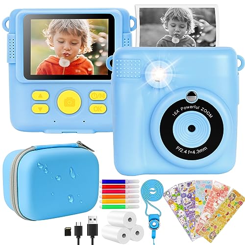 Kinderkamera-Sofortbildkamera mit Schutzhülle DigitalKamera Spielzeug für 3-10 Jahre Mädchen Junge Geschenk Fotokamera Sofortdruck 1080P 2,4" Bildschirm mit Druckpapier & 32GB Karte (Inst-Blau) von NICEWIN