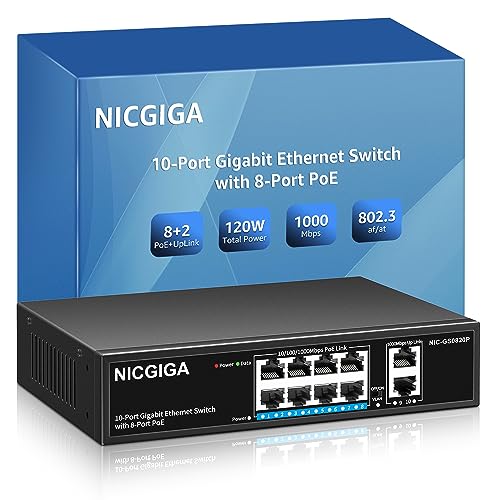 10 Port Gigabit PoE Switch, Nicht verwaltet mit 8 Ports, IEEE802.3af/at PoE+@120W, 2 x 1G Uplink, NICGIGA 10 Port Netzwerk Power Over Ethernet Switch, VLAN-Modus, 250m Extend, Plug and Play von NICGIGA