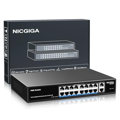 16 Port Gigabit PoE Switch Unmanaged, 16 Port PoE+@250W, 2 Gigabit Uplink Ports, NICGIGA 18 Port Gigabit Network Power Over Ethernet Switch, VLAN Modus, 19 Zoll Rackmontage, Plug and Play. 16 Port Gigabit PoE Switch Unmanaged, 16 Port PoE+@250W, 2 Gigabit Uplink Ports, NICGIGA 18 Port Gigabit Network Power Over Ethernet Switch, VLAN Modus, 19 Zoll Rackmontage, Plug and Play. von NICGIGA