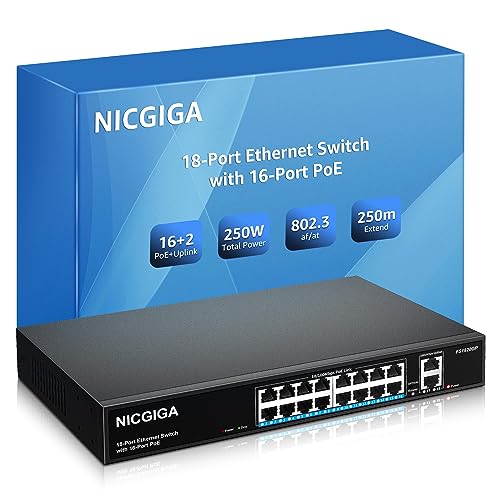 16 Port PoE Switch @ 250 W mit 2 Gigabit Uplink Port, NICGIGA 18 Port Ethernet PoE Switch, VLAN-Modus, erweiterbar auf 250 m, stabiles Metallgehäuse, 19 Zoll RackMount, Plug and Play, Unverwaltet von NICGIGA