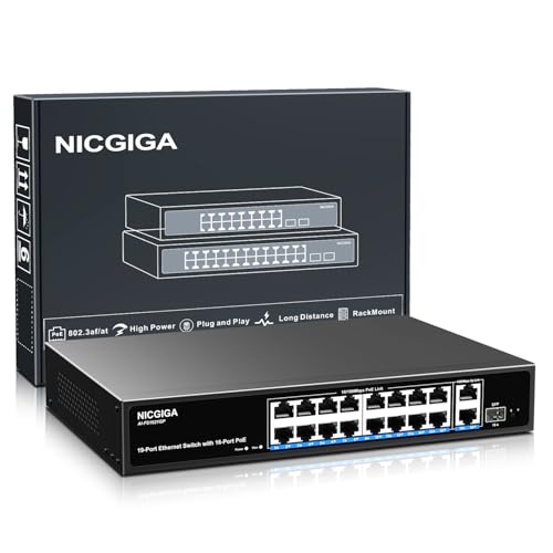 16 Port PoE Switch Unmanaged, 16-Port PoE+@250W, 2 Gigabit Uplink Ports, 1 SFP Port, NICGIGA 19 Port Network Power Over Ethernet Switch, VLAN Modus, AI Watchdog 19 Zoll RackMount, Plug and Play. 16 Port PoE Switch Unmanaged, 16-Port PoE+@250W, 2 Gigabit Uplink Ports, 1 SFP Port, NICGIGA 19 Port Network Power Over Ethernet Switch, VLAN Modus, AI Watchdog 19 Zoll RackMount, Plug and Play. von NICGIGA