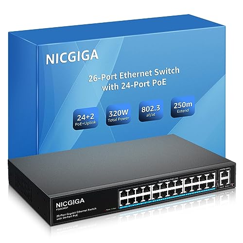 24 Port PoE Switch Unmanaged, 24 Port PoE+@320W, 2 Gigabit Uplink Ports, NICGIGA 26 Port Network Power Over Ethernet Switch, VLAN Mode, 250m Extend, 19 inch RackMount, Plug and Play. von NICGIGA