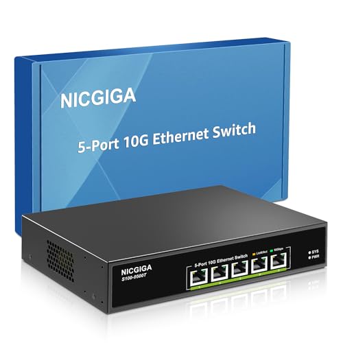 NICGIGA 5 Port 10G Ethernet Switch Unmanaged,with 5X 10Gb Base-T RJ45 Ports, 10Gbps Network Switch Easy for 10G NAS,PC,WiFi7 Router,10G Adapter/NIC. Desktop or 19-inch Rack Mount, Plug and Play. von NICGIGA