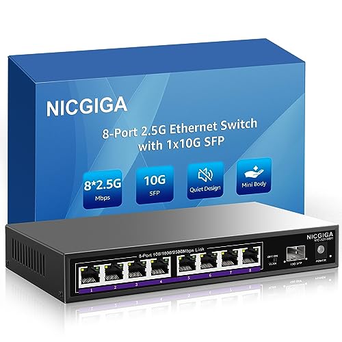 8 Port 2.5G Ethernet Switch with 10G SFP Uplink, NICGIGA Unmanaged 2.5Gb Network Switch, Plug & Play, Desktop/Wall-Mount, Fanless Metal Design. von NICGIGA