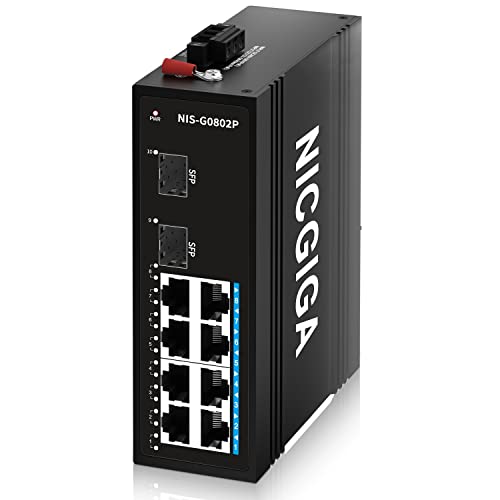 NICGIGA 10 Port Industrial Gigabit PoE Ethernet Switch, mit 8 x 30W PoE Ports @245W + 2 SFP Uplink Industrial PoE Network Switch.DIN-Schiene & Montage, IP40 Metallgehäuse (-30° bis 75°) von NICGIGA