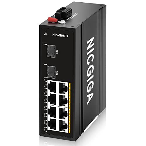NICGIGA 10 Port gehärteter industrieller Gigabit Ethernet Switch, mit 8 x 1000Mbps RJ45 Ports +2 SFP UPlink Netzwerk Switch. DIN-Schiene & Montage, IP40 Metallgehäuse(-30° bis 75°) von NICGIGA