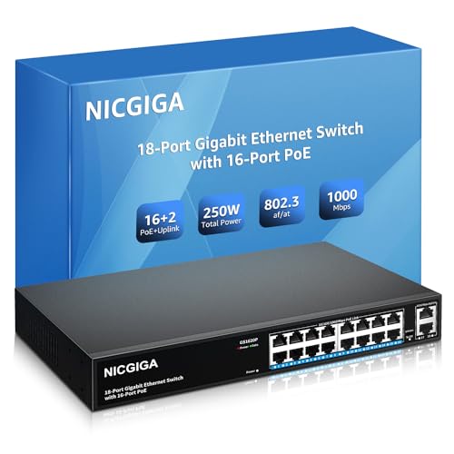 NICGIGA 16 Port Gigabit PoE Switch Unmanaged, 16 Port PoE+@250W, 2 Gigabit Uplink Ports, 18 Port Gigabit Network Power Over Ethernet Switch, VLAN Mode, 19 Zoll RackMount, Plug and Play. von NICGIGA