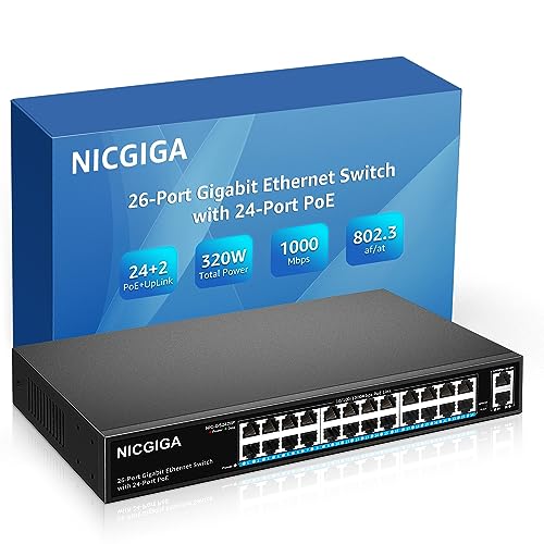 NICGIGA 24 Port Gigabit PoE Switch with 24 Port PoE+@300W, 2 Gigabit Uplink Port, Sturdy Metal for Desktop/Rack Mount, AI Watchdog, VLAN Mode, Plug and Play, Unmanaged Power Over Ethernet von NICGIGA