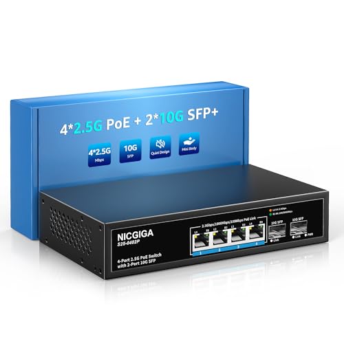 NICGIGA 4 Port 2,5G PoE-Switch, Nicht verwaltet, mit 4 x 2,5 Gb Base-T PoE+@78 W + 2 x 10G SFP-Uplink, 2,5 Gbe IEEE802.3af/at Power Over Ethernet Switch, unterstützt WiFi6 AP, NAS, 4K PoE Kamera NVR. von NICGIGA