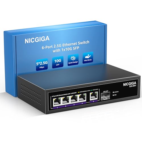 NICGIGA 5 Port 2.5G Ethernet Switch mit 10G SFP Uplink, Unmanaged 2.5Gb Netzwerk Switch, Plug & Play, Desktop/Wandmontage, lüfterloses Metalldesign. von NICGIGA