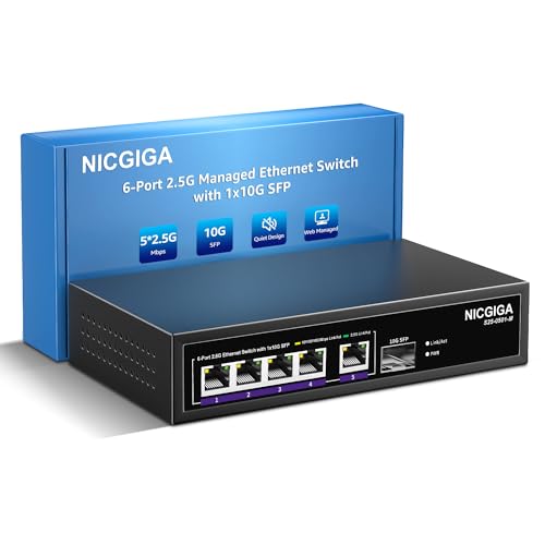 NICGIGA 6 Port 2.5G Web Smart Managed Ethernet Switch, 5x2.5Gbps Base-T&1x 10Gbps SFP Uplink, QoS/VLAN/IGMP/LAG Netzwerk Funktion, Ideal für 2.5Gb Netzwerk NAS/PC,WiFi6 Router,Wireless AP. von NICGIGA