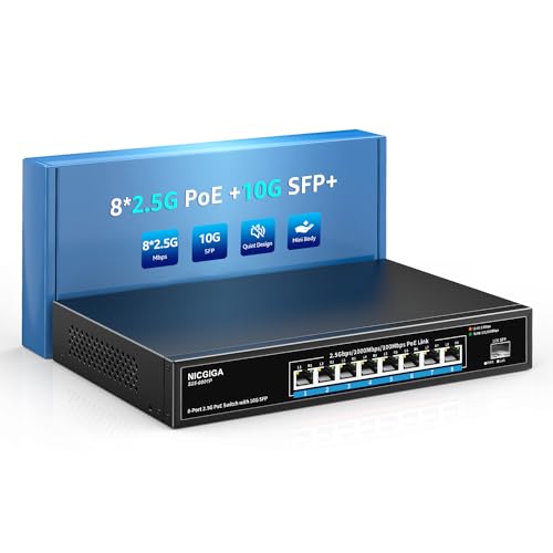 NICGIGA 8-Port-2,5G-PoE-Switch, Nicht verwaltet, mit 8 x 2,5Gb Base-T PoE+@120W + 10G SFP-Uplink, 2,5Gbe IEEE802.3af/at Power Over Ethernet Switch, unterstützt WiFi6 AP, NAS, 4K PoE Kamera NVR. von NICGIGA