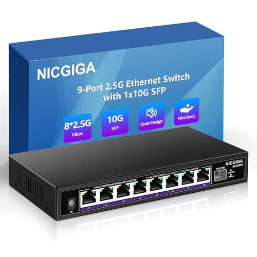 NICGIGA 8 Port 2.5G Ethernet Switch mit 10G SFP Uplink, Unmanaged 2.5Gb Netzwerk Switch, Plug & Play, Desktop/Wandmontage, lüfterloses Metalldesign. von NICGIGA