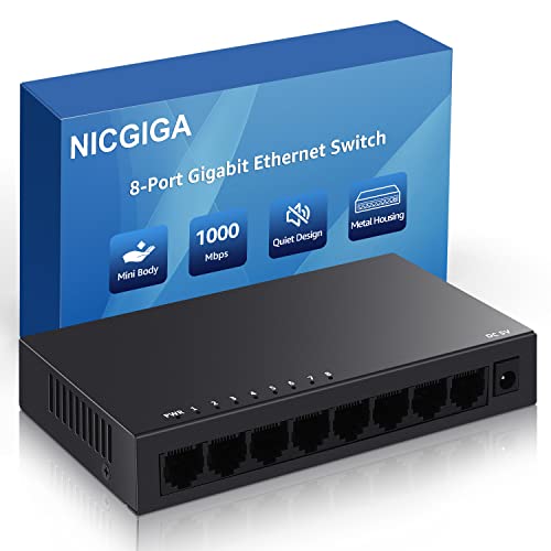 NICGIGA 8 Port Gigabit Ethernet Switch Unmanaged, Netzwerk-Ethernet-Splitter, Tisch- oder Wandmontage, lüfterlos, Plug and Play, Metallgehäuse, Mini Body GS0800 von NICGIGA