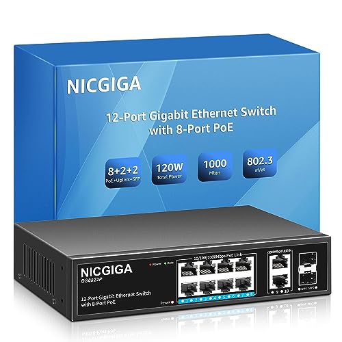 NICGIGA 8 Port Gigabit PoE Switch Unmanaged with 8 Port IEEE802.3af/at PoE+@120W, 2 x 1000Mbps Uplink + 2 x 1G SFP, 12 Port Network Power Over Ethernet Switch, Desktop/Wall-Mount. von NICGIGA