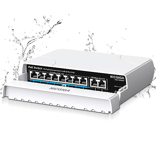 Wasserdichter 8-Port PoE Switch mit 8 Port PoE+@120W + Gigabit Uplink Port, NICGIGA Outdoor 10 Port IEEE802.3af/at Power Over Ethernet Switch Unmanaged mit VLAN und 250m Extender Funktion, Plug & Play von NICGIGA