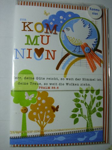 Kommunion Glückwunschkarte Geschenkskarte zur heiligen Kommunion Geldkarte "Zur Kommunion - herr, deine Güte reicht, so eit der Himmel ist, deine Treue, so weit die Wolken ziehn. Psalm 36.6" Karte mit Taube, Baum, Regenbogen und Stoffband mit Glitzer. Karte mit Umschlag (Weiss / Orange gestreift) = 1 Stück von NICI